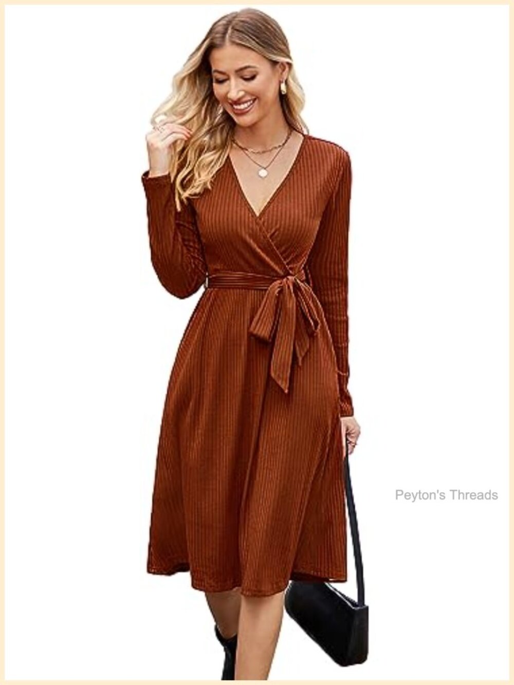 Sweater Dress V-Neck Long Sleeve Tie Waist Belted Midi Work Casual